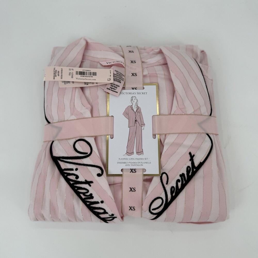 Victoria’s Secret Flannel Long Pajama Set 2 Piece Pj Set Pink Stripe W/ Logo XS